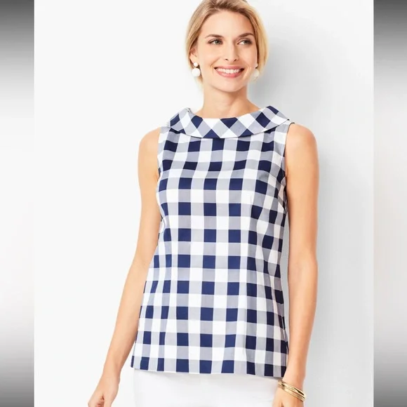 Talbots Audrey Shell Gingham Blue and White Plaid Top - Picture 1 of 13